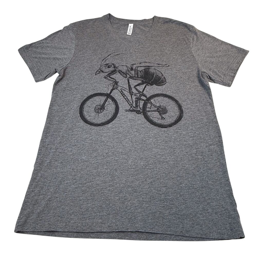 Unisex Canvas Gray T shirt with Ant on a Bicycle Graphic Short Sleeve V Neck - Picture 5 of 16